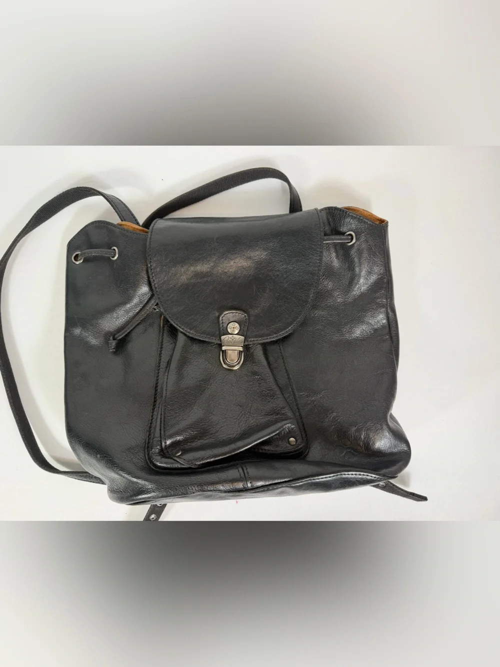 Patrica Nash black leather drawstring backpack